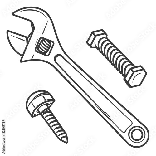 A black and white line drawing illustration of an adjustable wrench positioned diagonally with two fasteners a bolt and a screw placed to its left and right respectively on a white background