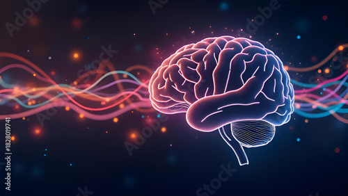 A digital brain surrounded by flowing colorful waves, depicting neural signals, creativity, and advanced technology concepts.