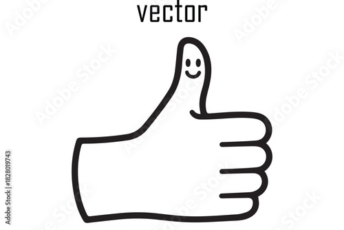 Simple hand drawn vector illustration of a thumb up gesture with a smiley face on the thumb representing approval and positivity isolated on white background