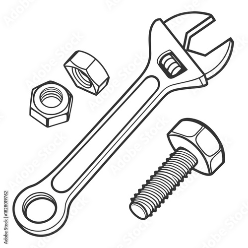 A detailed line drawing illustration of an adjustable wrench alongside a bolt and two nuts on a clean white background representing tools and fasteners
