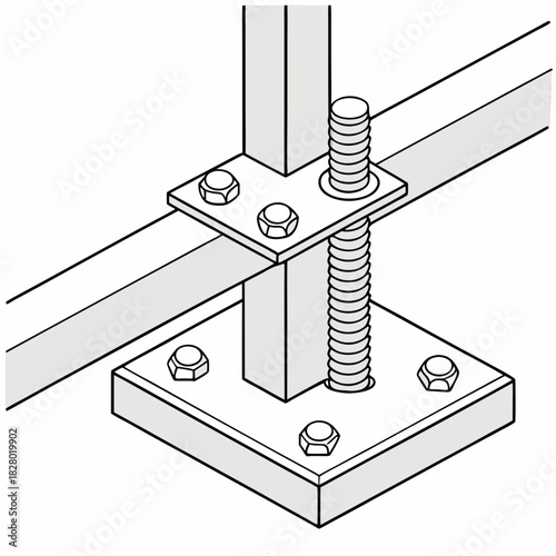 Detailed isometric illustration of a metal structural support system featuring a threaded rod and bolt assembly connecting a vertical post to horizontal beams with a base plate