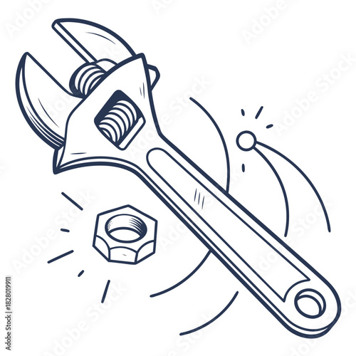 A stylized line art illustration of an adjustable wrench and a hexagonal nut with radiating lines suggesting movement or repair work