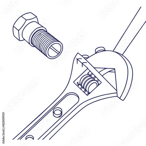 Detailed isometric line art illustration of an adjustable wrench and a bolt with a slotted head perfect for technical diagrams and diy projects