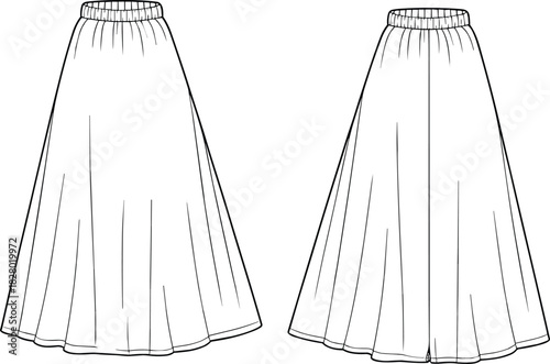 Front and back view of a white outline drawing of a full skirt with elastic waistband midi skirt maxi skirt