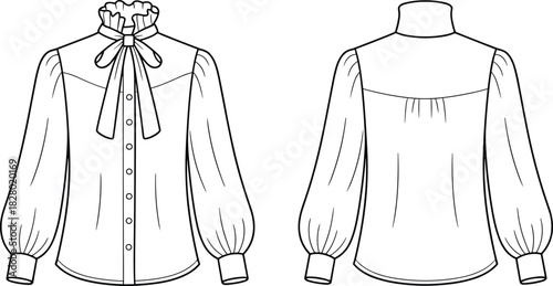 Ruffled High Neck Bow Blouse Fashion Design Flat Sketch Front and Back Views shirt clothing