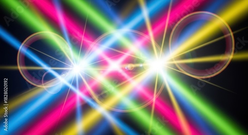 Vibrant multicolored laser beams radiating energy with lens flares and bright center