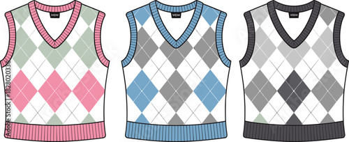 Three Argyle Patterned V- Neck Sweater Vests in Pink Blue and Gray v-neck sleeveless