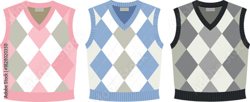 Three Argyle Patterned V- Neck Sweater Vests with Labels in Pink Blue and Gray v-neck sleeveless