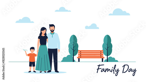 Happy Family Day Illustration Vector. Parents and Child Spending Quality Time Together in Park Outdoor Activity.