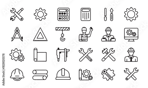 Various engineering tools and construction worker iconographies are displayed against a transparent backdrop