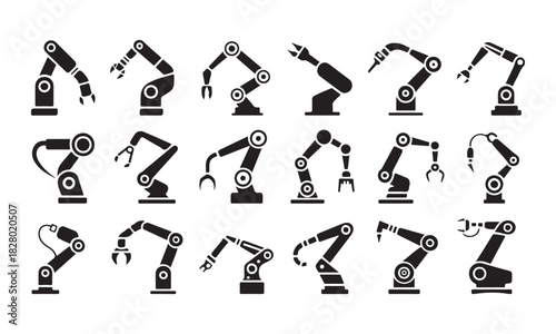 Many robotic arms showcase diverse joint configurations and end effector designs in black silhouette