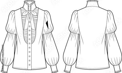 Victorian style blouse flat sketch with ruffled neck and bow front and back views fashion illustration
