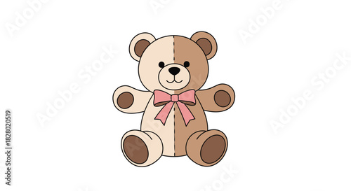 A unique patchwork-style teddy bear with two different brown tones and a cute pink bow sitting with its arms wide open.