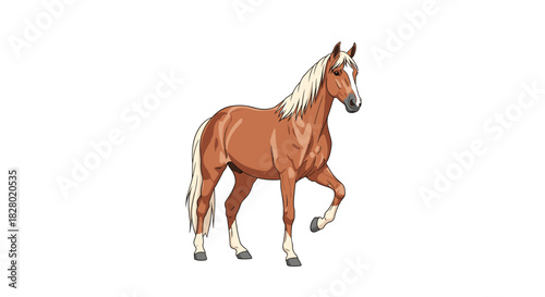 A beautiful and realistic illustration of a palomino horse with a flowing blonde mane and tail walking with a graceful high step.