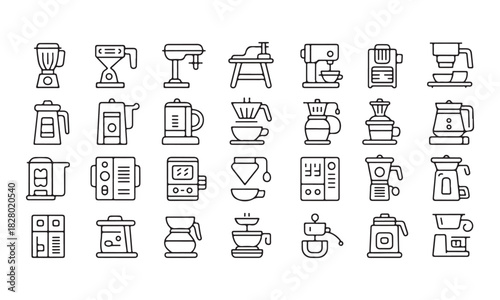 Various coffee machine icons portray different coffee brewing apparatus and styles in a simple line