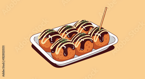 A delicious-looking illustration of Japanese takoyaki octopus balls served in a tray with savory sauce mayonnaise and a toothpick.