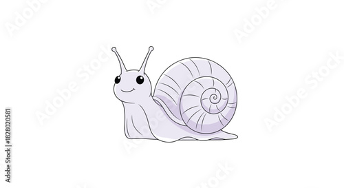 An adorable and friendly cartoon snail in a lovely shade of light purple with a gentle smile isolated on a white background.
