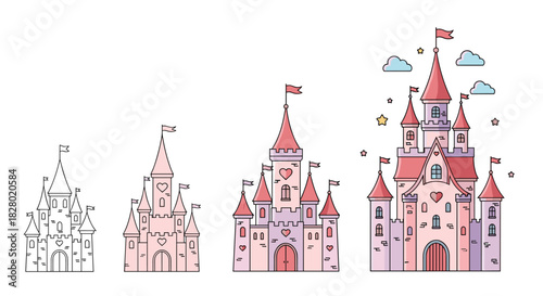 A step-by-step drawing tutorial showing the progression of a pink princess castle from a simple outline to a fully colored illustration.