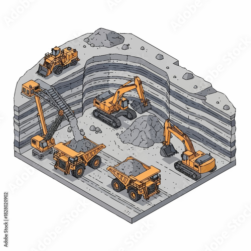 Isometric Illustration of Heavy Machinery in an Open Pit Mine.