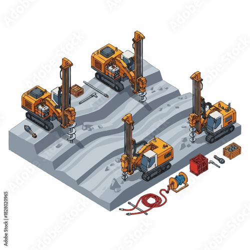 Isometric Construction Site with Heavy Drilling Machinery.