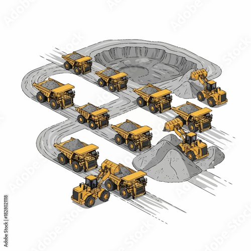 Isometric Illustration of Heavy Mining Trucks in an Open Pit Quarry.
