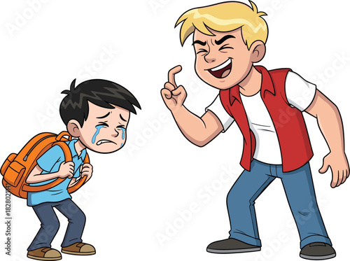 Cartoon bullying scene with crying boy and laughing bully, emotional school conflict moment, child behavior concept, flat vector illustration