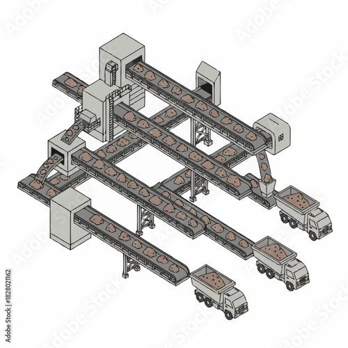 Industrial Conveyor System with Trucks Transporting Materials Efficiently.