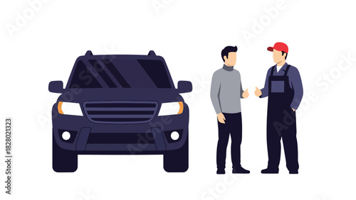 Mechanic and Customer Discussing Car Service or Repair Near SUV Vector Illustration