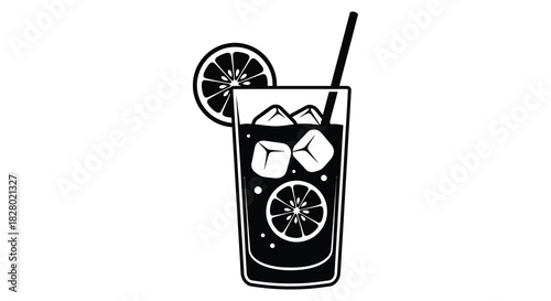 Refreshing cocktail with ice and orange slice illustration silhouette