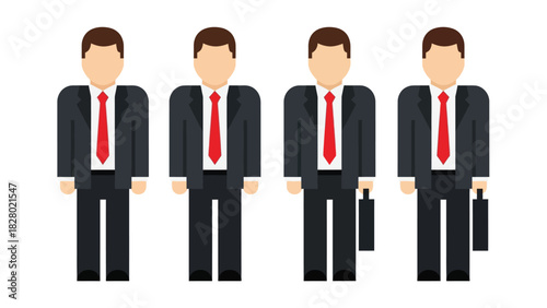 Flat design vector illustration set of four identical businessmen in suits with red ties and optional briefcases