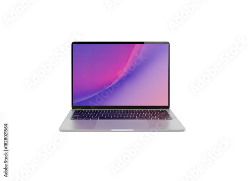 Modern silver laptop with a vibrant pink and purple abstract digital display screen and backlit keyboard isolated on a black background showcasing technology and innovation