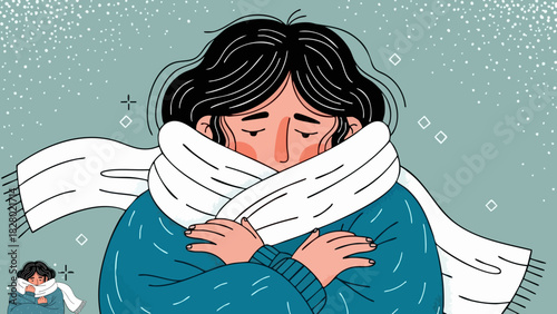 Woman with a cold wrapped in a scarf feeling unwell during winter season illness