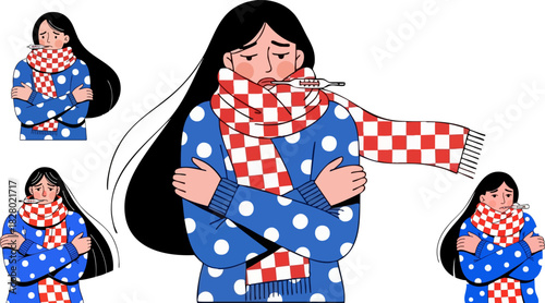 Woman with a fever wrapped in a scarf feeling unwell during cold and flu season
