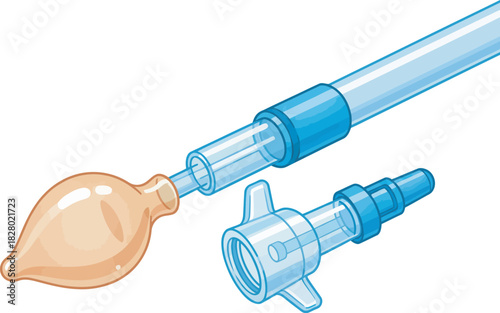 Detailed illustration of a medical bulb syringe connected to a transparent tube and a separate connector piece for fluid transfer.