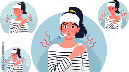 Sick woman with fever and headache holding shoulder feeling unwell with illness