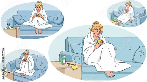 Woman wrapped in blanket sits on couch with tea feeling unwell and needing rest