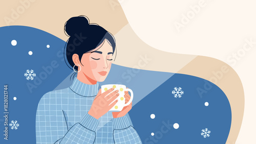 Woman enjoying warm beverage in winter season with snowflakes falling around her