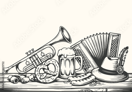 Vector art of traditional bavarian oktoberfest symbols including a trumpet, pretzel, beer mug, sausages, accordion, and hat