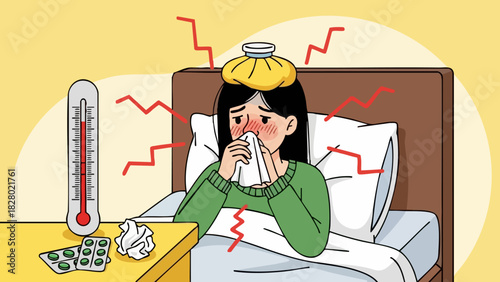 Sick woman with fever lying in bed with cold compress and thermometer nearby