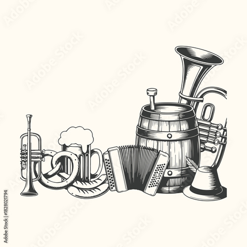 Vector art of vintage illustration of oktoberfest elements including a beer mug, pretzel, accordion, barrel, and brass instruments, isolated on a light background