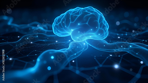A glowing blue digital brain connected by neural networks, symbolizing artificial intelligence, data processing, and advanced technology.
