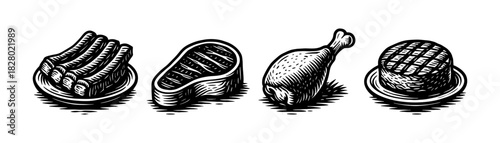 Meat cuts vintage engraving icons set, ribs steak drumstick patty