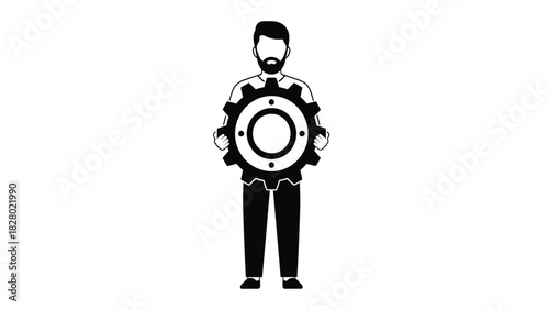 Bearded Man Holding Large Gear Wheel Vector Icon for System Settings and Engineering Support