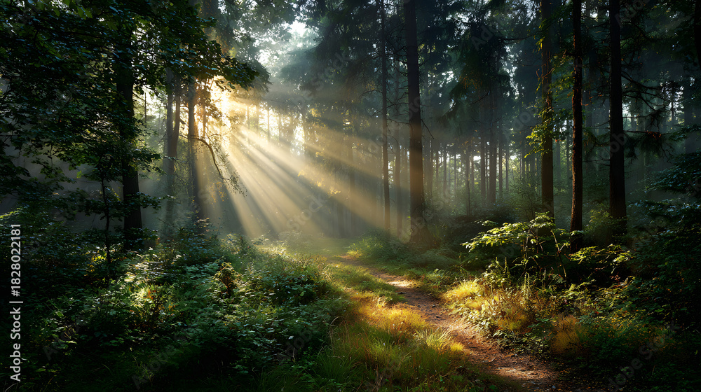 Fototapeta premium Gentle sunlight filtering through leaves creating calm and introspective forest mood