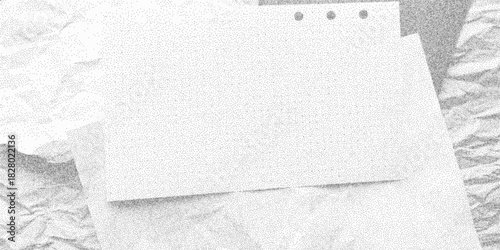Dark dusty textured overlay with gritty dots and crumpled grid paper. Vintage halftone noise, retro grunge layout with worn notebook fragments.