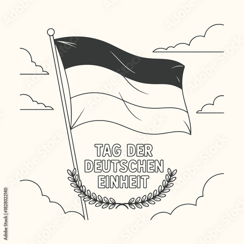 Vector art of german flag waving with text tag der deutschen einheit and laurel wreath, celebrating german unity day