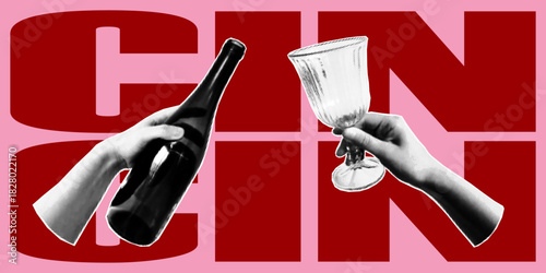 Festive halftone collage showing a hands holding a drink and champagne. Holiday greeting card and toast themed banner. Vector element for New Year celebration invites.