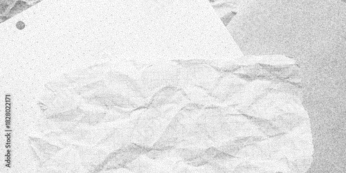 Black grainy backdrop covered in dusty speckles and fragments of crumpled grid paper. Dotted halftone noise, worn retro grunge mood with subtle notebook pages.