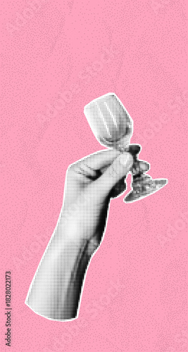 Contemporary party poster with hand holding drink. Halftone newspaper collage effect with bright color. Celebration template for social media and invitation.