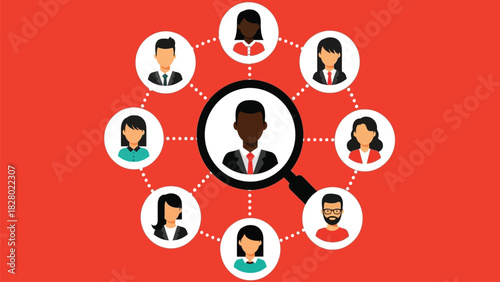 Recruitment and Targeting Concept with Magnifying Glass Highlighting Central Profile in Social Network